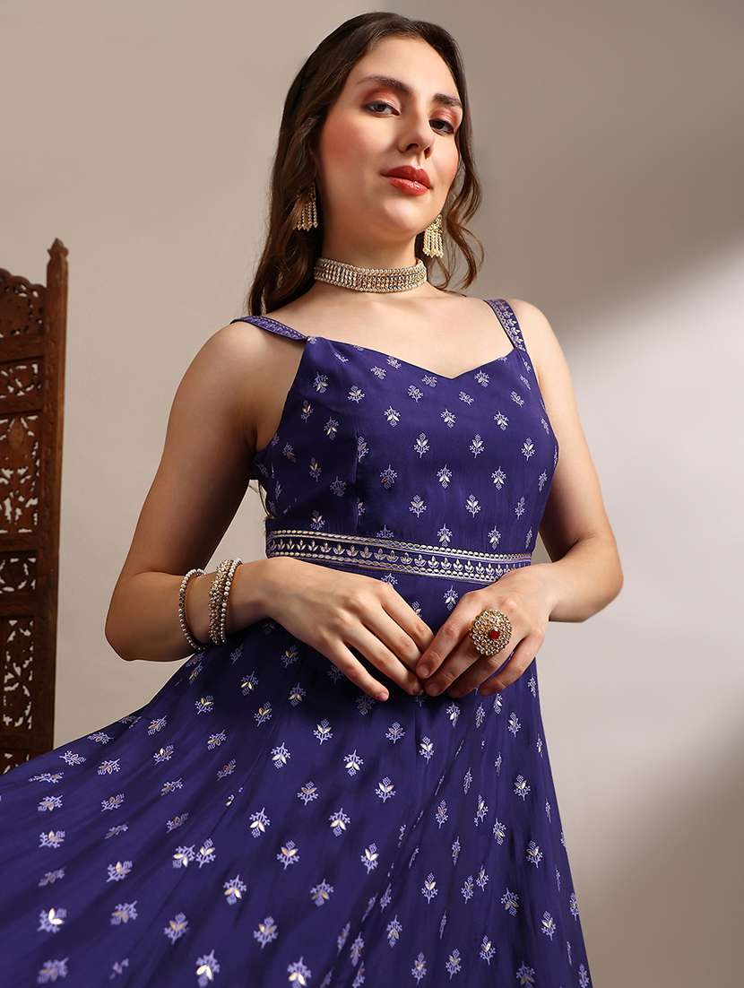 globus women purple ethnic & gold foil print sweetheart neck shoulder strap fit and flare maxi dress - 22182228 -  Standard Image - 3