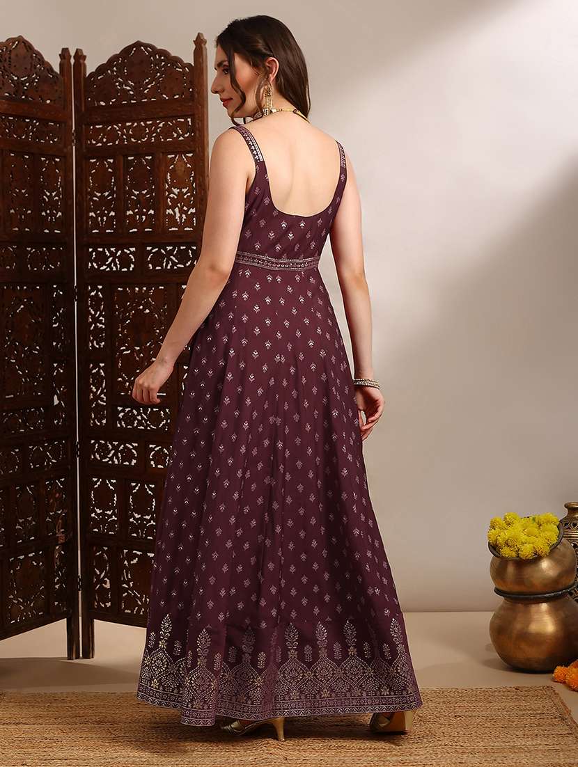 globus women maroon ethnic & gold foil print sweetheart neck shoulder strap fit and flare maxi dress - 22182229 -  Standard Image - 3