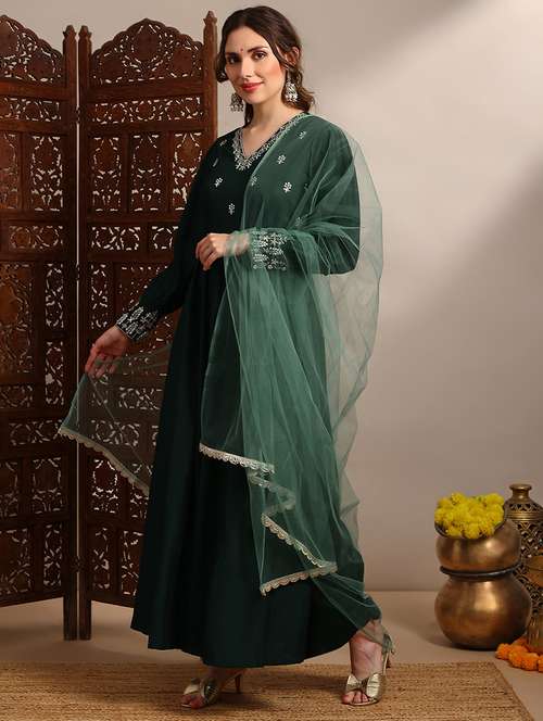 globus women green embroidered v-neck puff sleeves tiered a-line maxi dress with belt & dupatta set - 22182230 -  Standard Image - 0