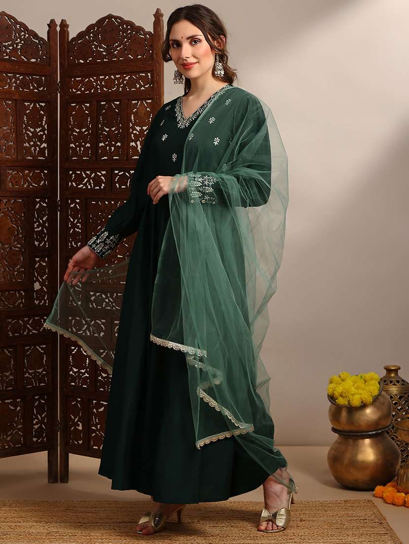 globus women green embroidered v-neck puff sleeves tiered a-line maxi dress with belt & dupatta set