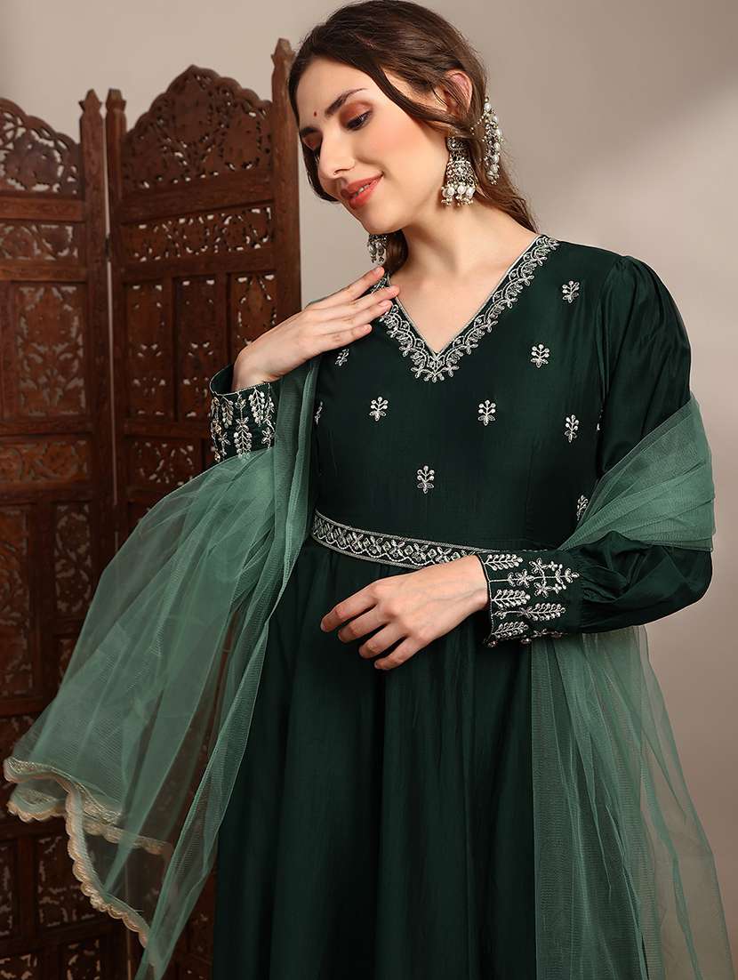 globus women green embroidered v-neck puff sleeves tiered a-line maxi dress with belt & dupatta set - 22182230 -  Standard Image - 3