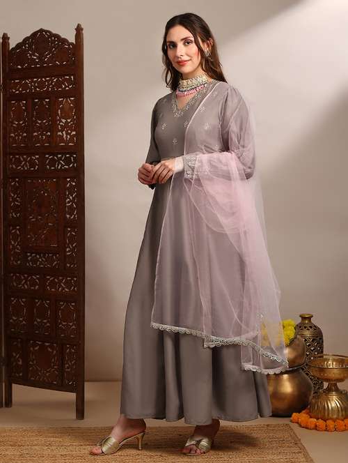 women solid with work long sleeve kurta dupatta set - 22182231 -  Standard Image - 0