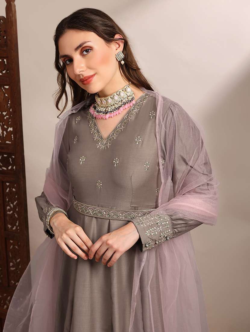 women solid with work long sleeve kurta dupatta set - 22182231 -  Standard Image - 3