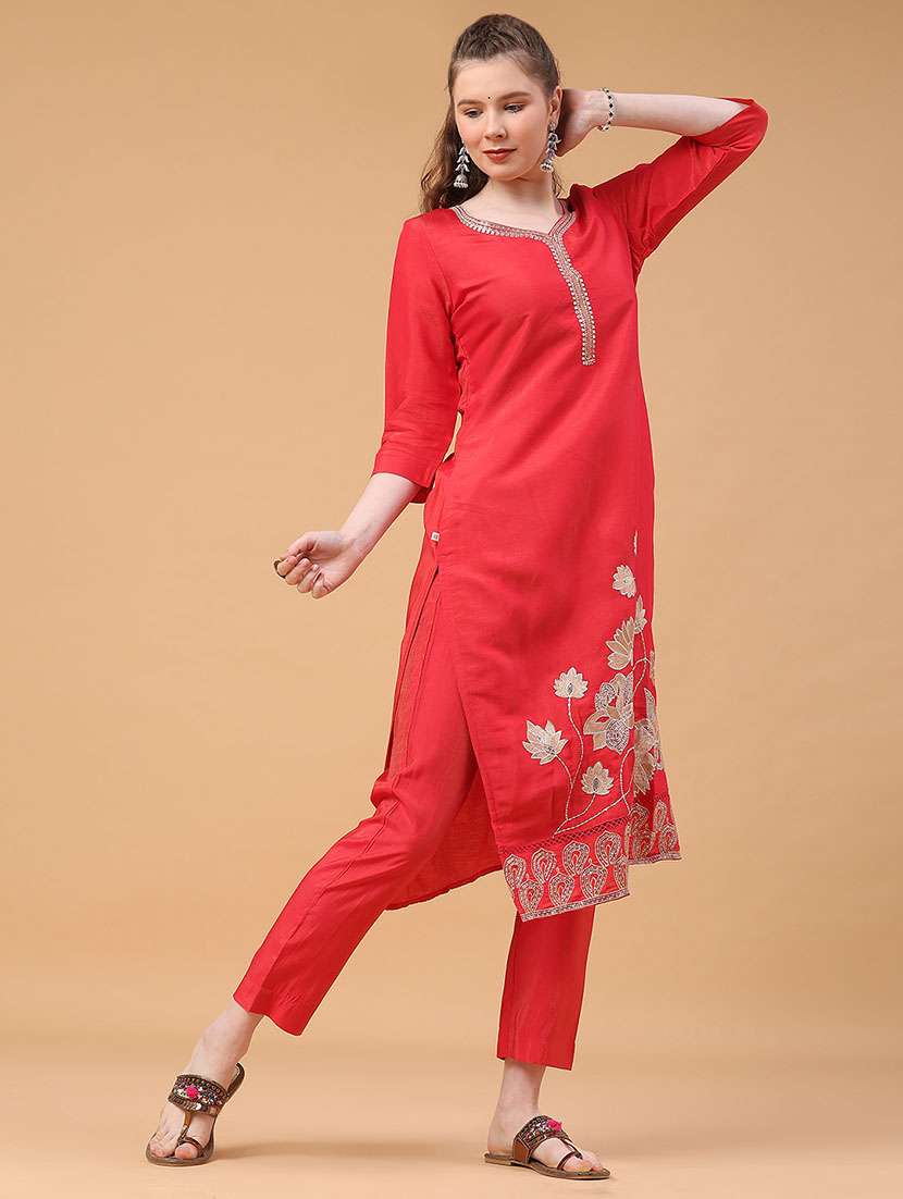 women solid with work three quarter sleeve kurta pant with dupatta set - 22182292 -  Standard Image - 3