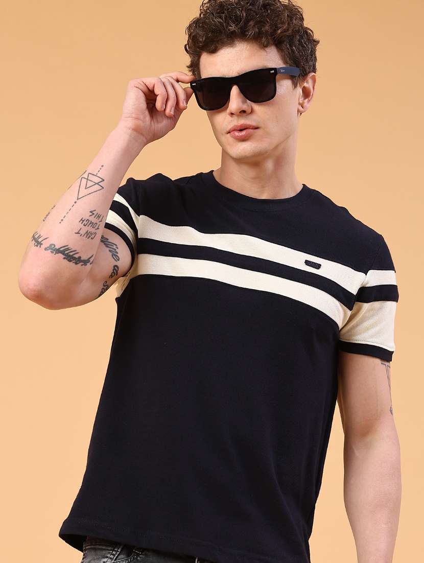 men blue cotton blend color block t-shirt