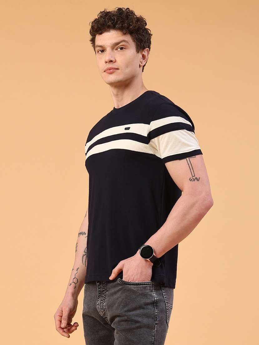 men blue cotton blend color block t-shirt - 22182344 -  Standard Image - 3