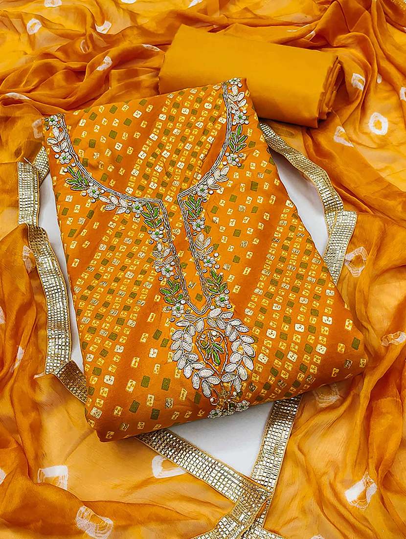 women bandhani printed embroidered unstitched suit set