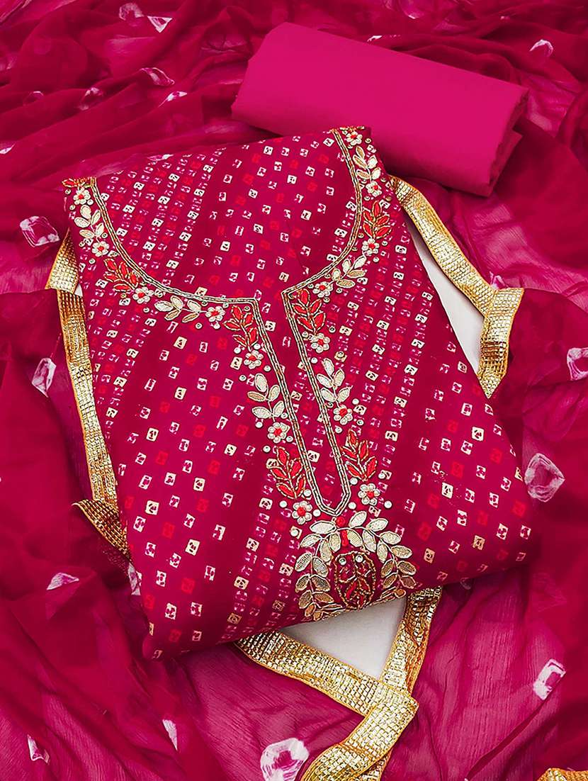 women bandhani printed embroidered unstitched suit set