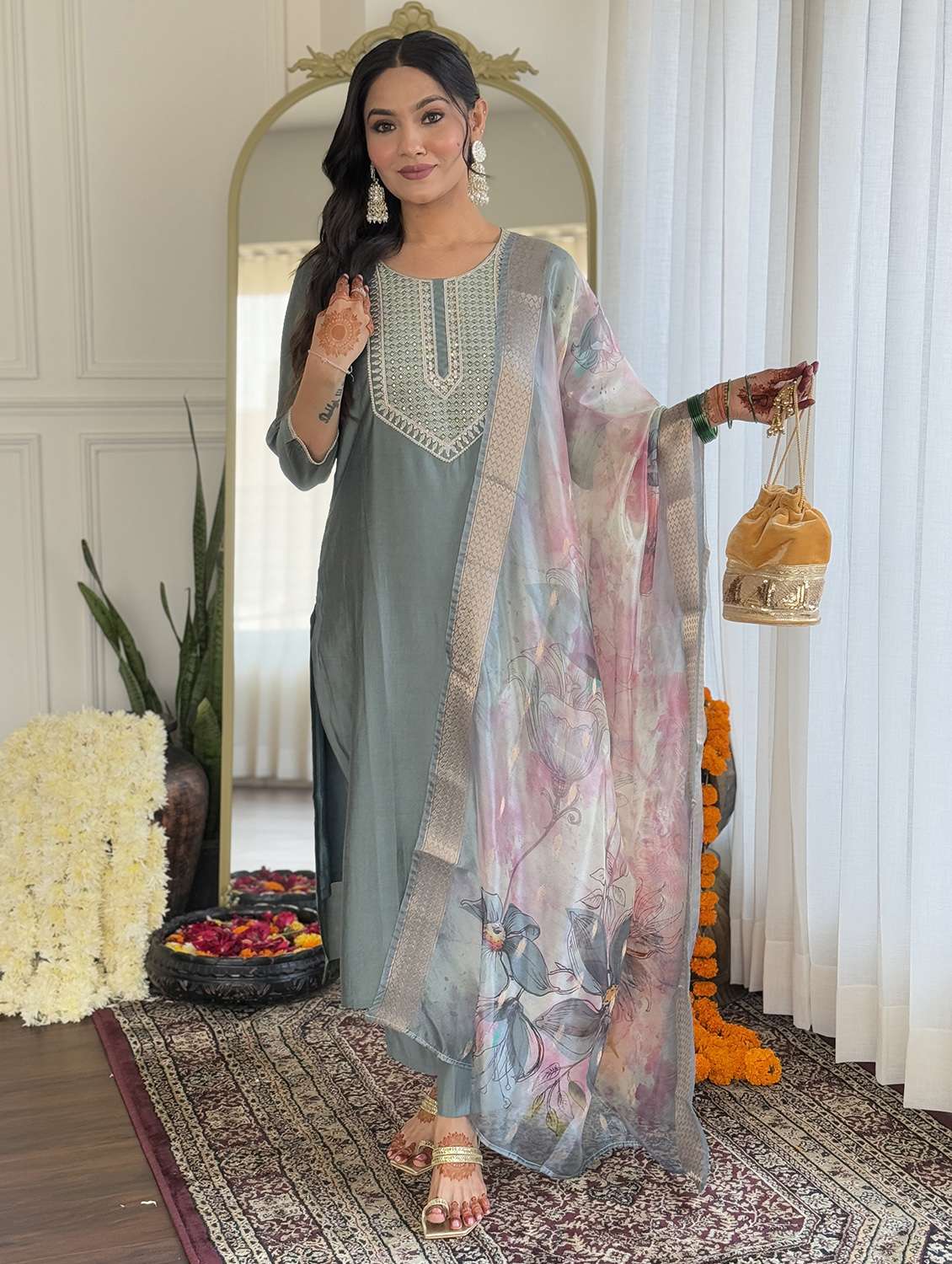 women solid with work three quarter sleeve kurta pant with dupatta set - 22182506 -  Standard Image - 5