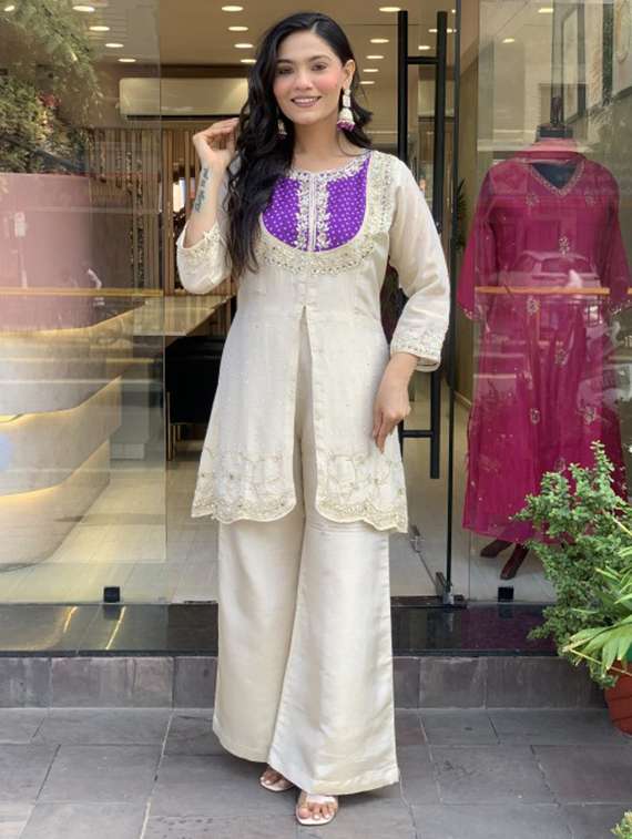 women solid with work three quarter sleeve kurta palazzo set