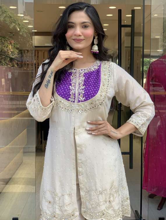 women solid with work three quarter sleeve kurta palazzo set - 22182521 -  Standard Image - 3