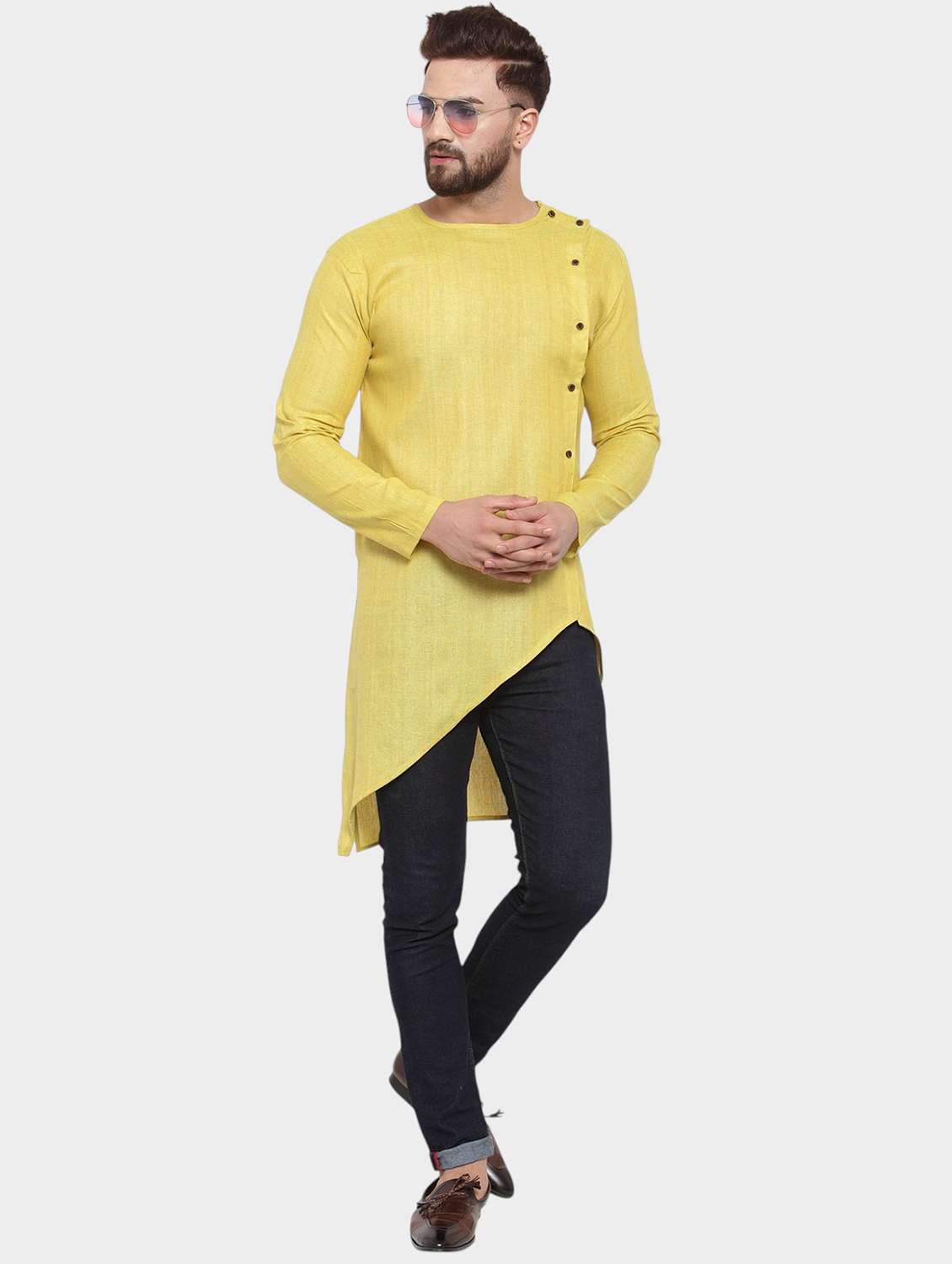 men solid long sleeve asymmetric kurta