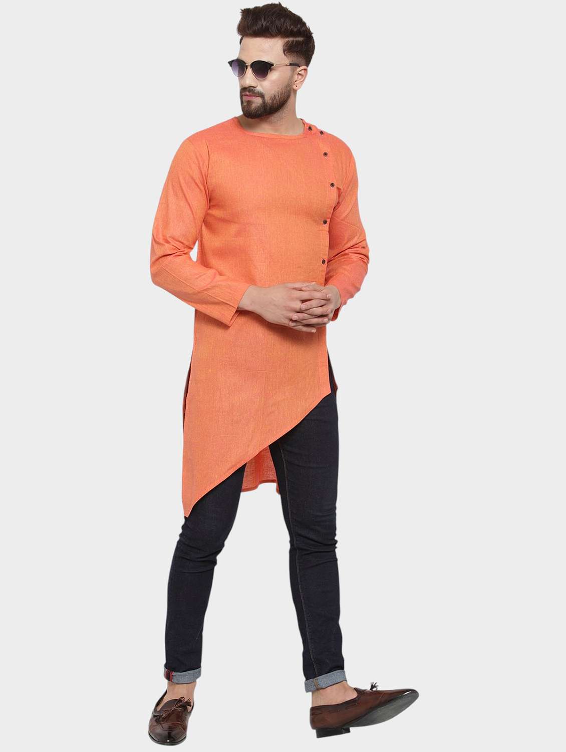 men solid long sleeve asymmetric kurta