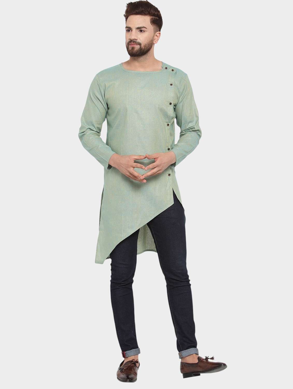 men solid long sleeve asymmetric kurta
