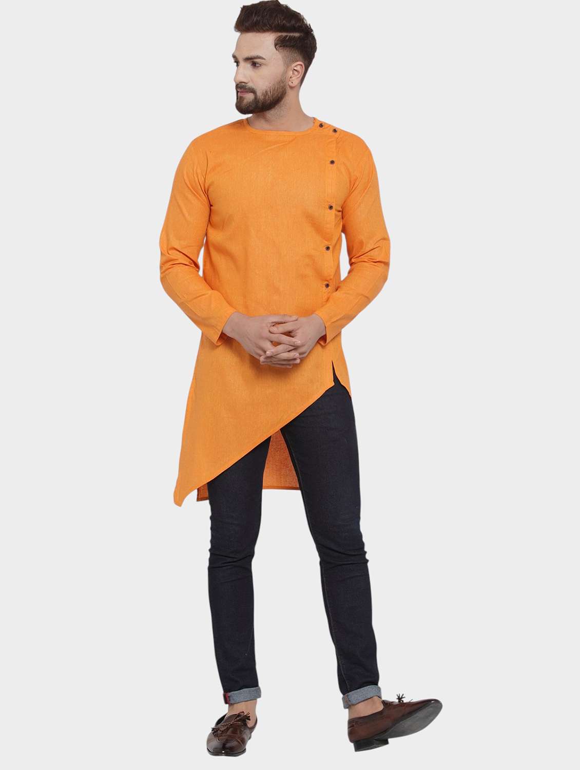 men solid long sleeve asymmetric kurta
