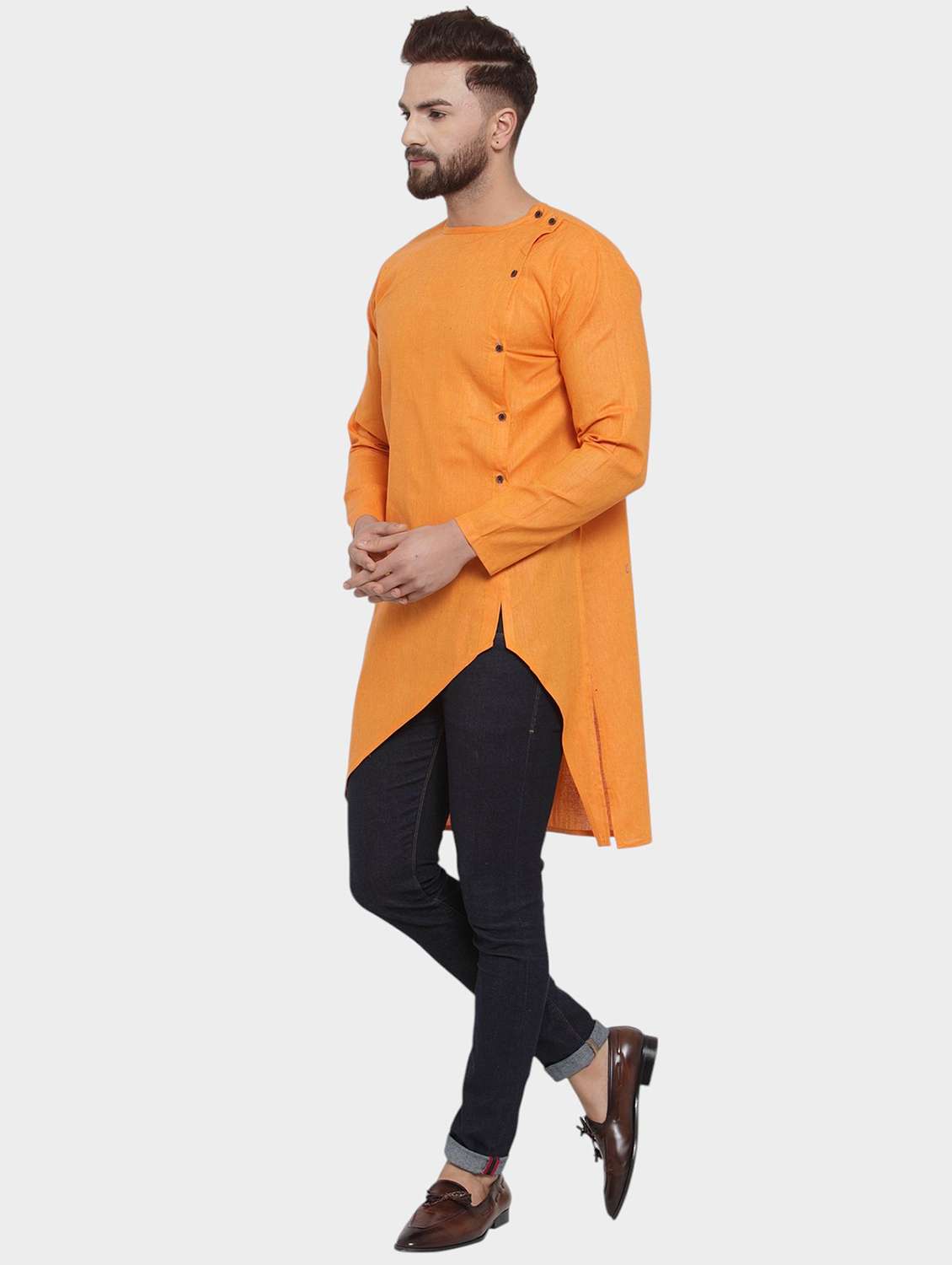 men solid long sleeve asymmetric kurta - 22182576 -  Standard Image - 3