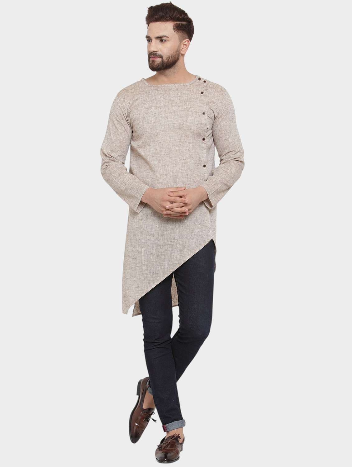 men self design long sleeve asymmetric kurta