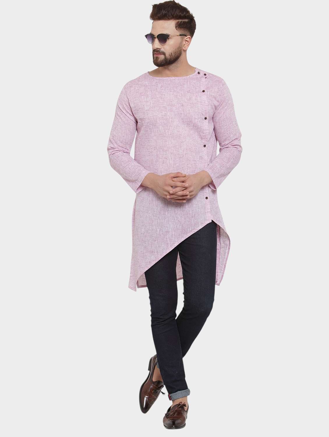 men self design long sleeve asymmetric kurta