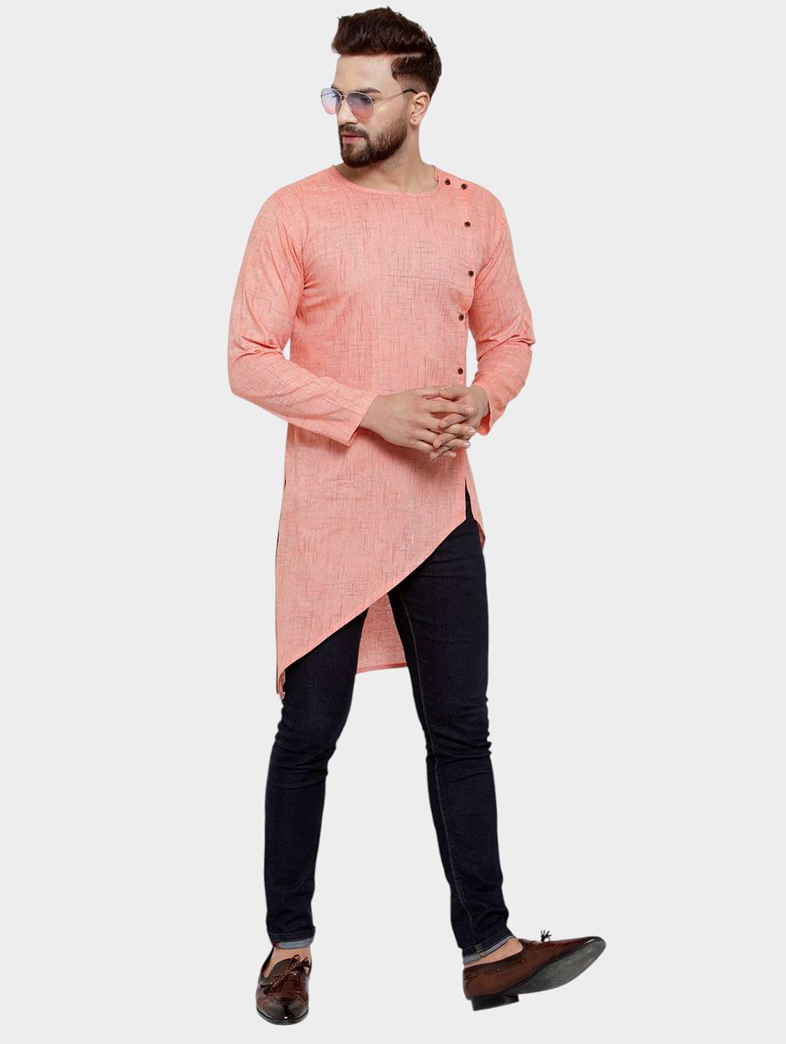 men self design long sleeve asymmetric kurta