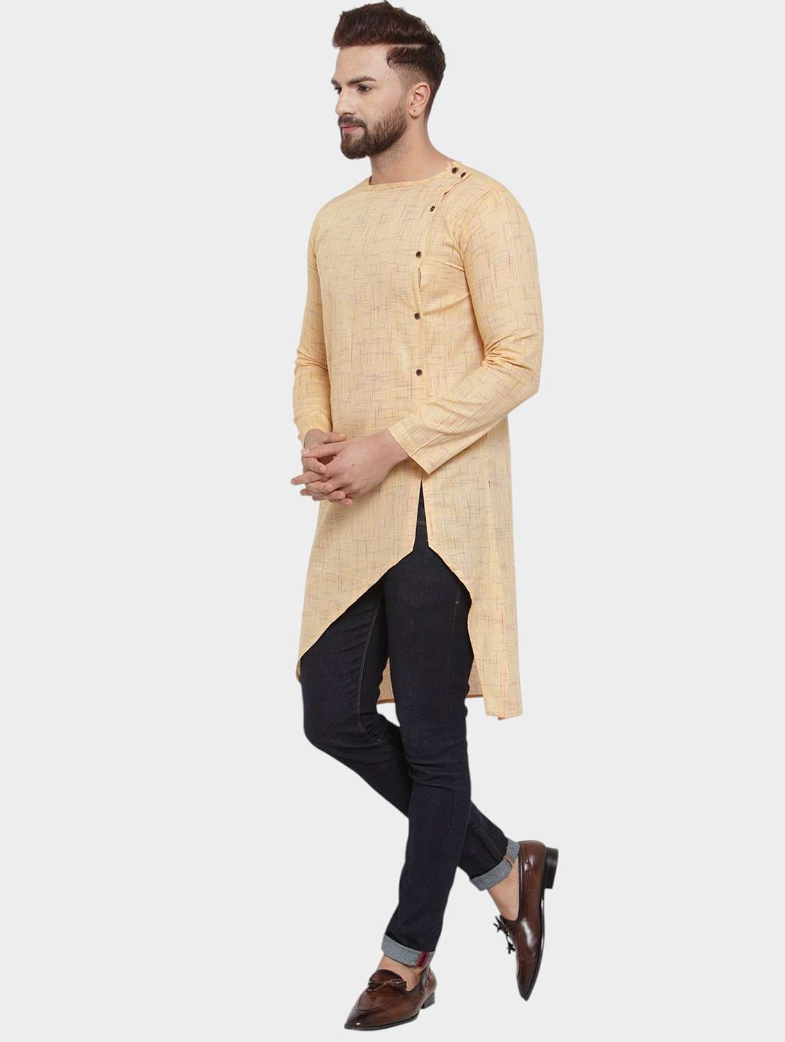 men self design long sleeve asymmetric kurta - 22182580 -  Standard Image - 3