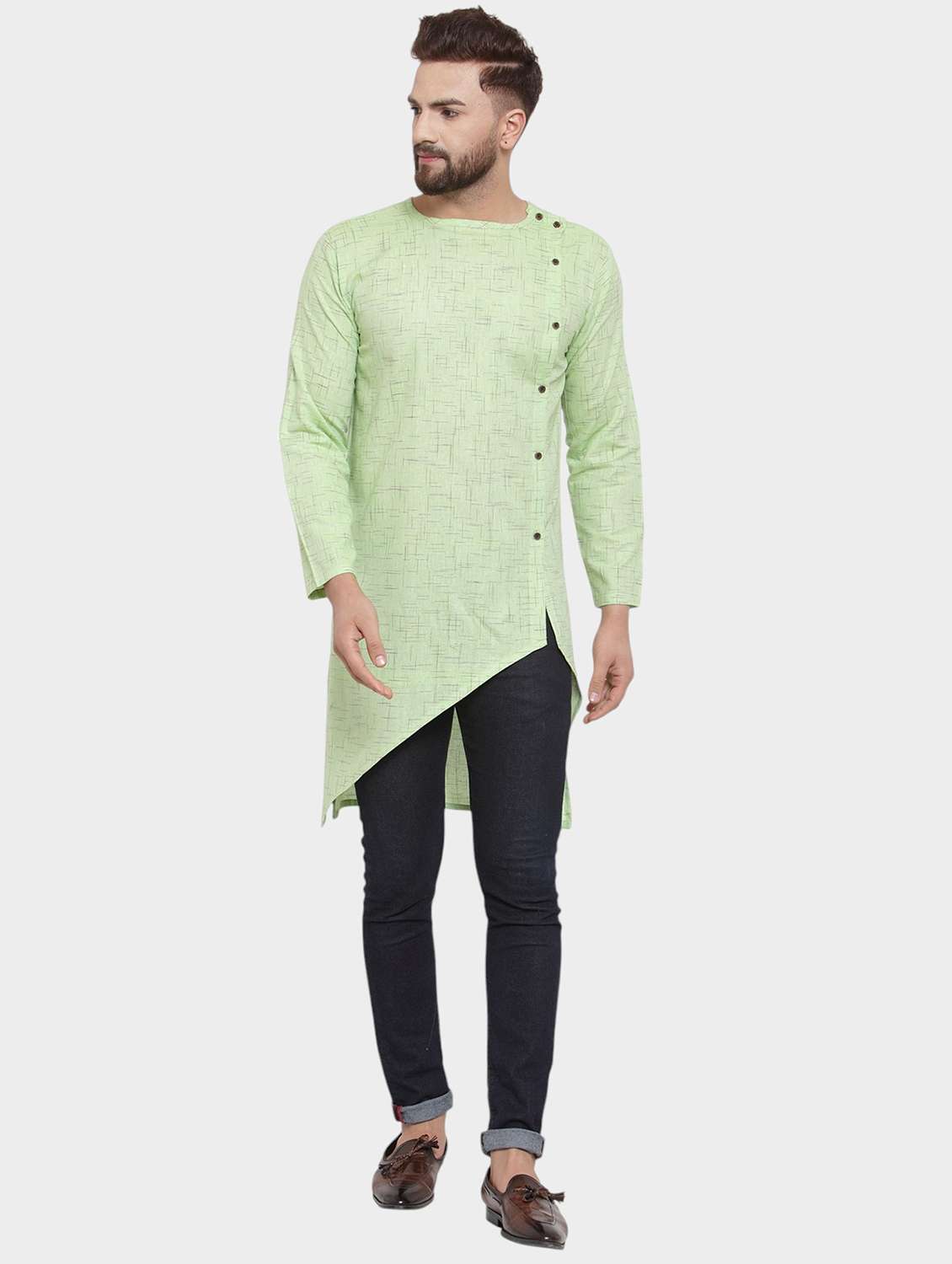 men self design long sleeve asymmetric kurta