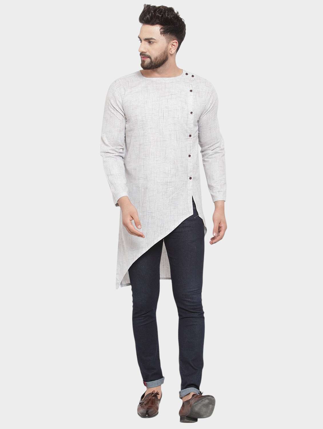 men self design long sleeve asymmetric kurta