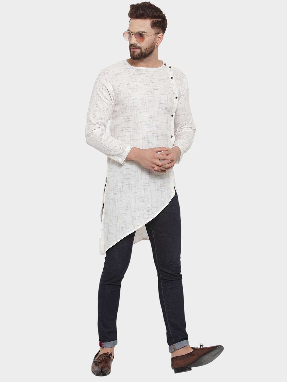 men self design long sleeve asymmetric kurta