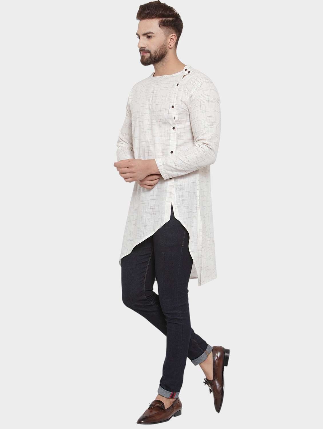 men self design long sleeve asymmetric kurta - 22182585 -  Standard Image - 3