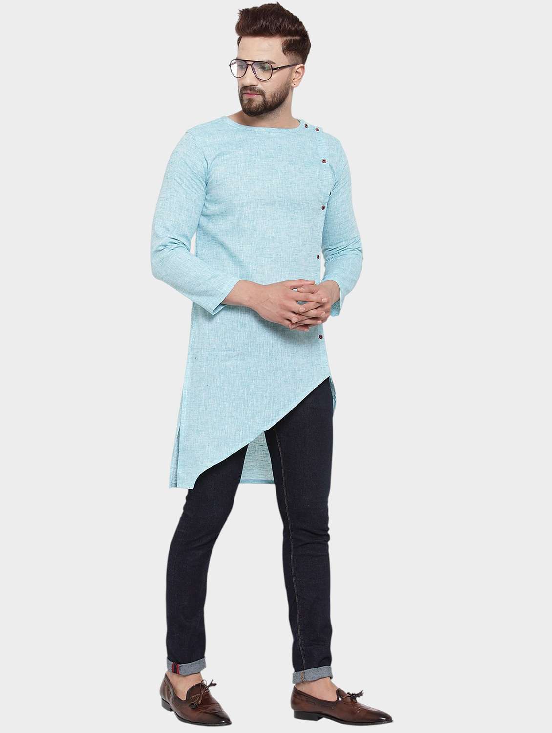 men self design long sleeve asymmetric kurta