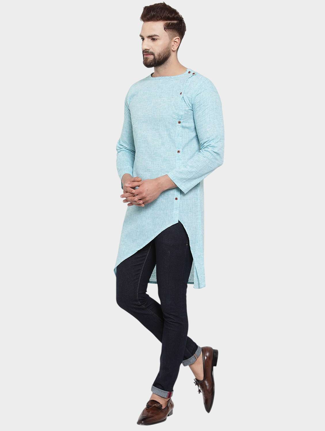 men self design long sleeve asymmetric kurta - 22182588 -  Standard Image - 3