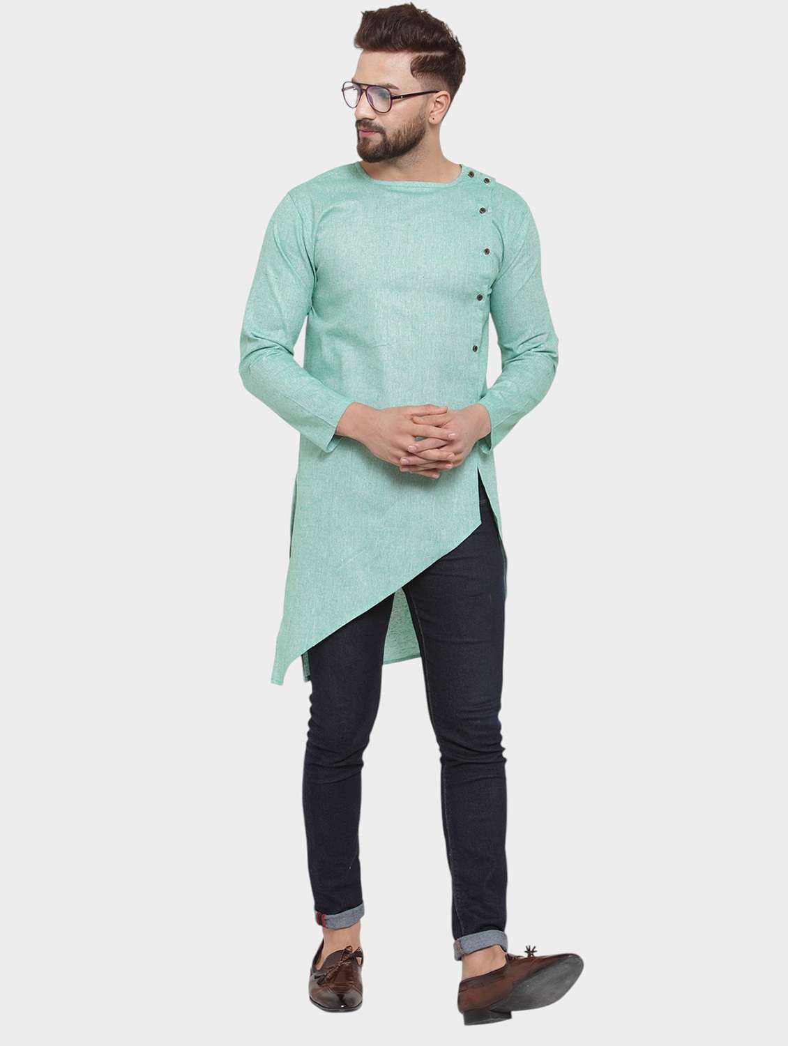 men solid long sleeve asymmetric kurta