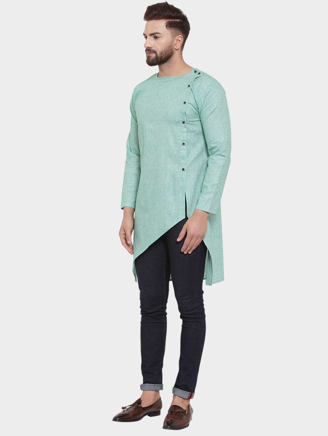 men solid long sleeve asymmetric kurta - 22182589 -  Standard Image - 3