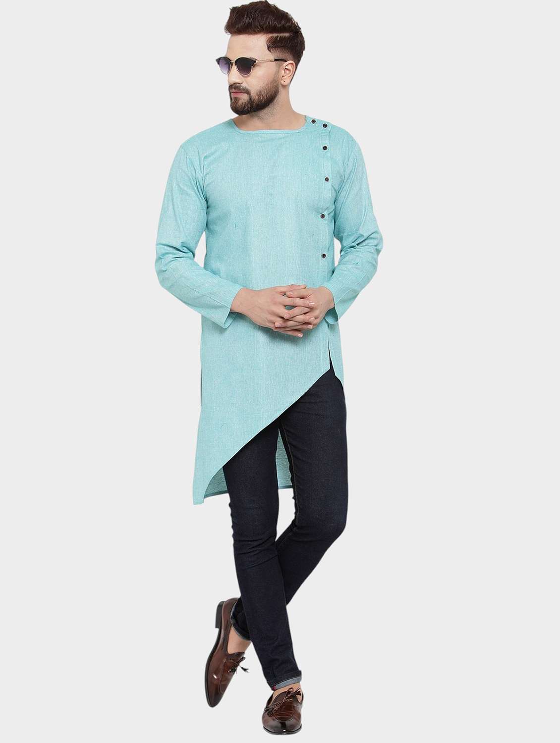 men solid long sleeve asymmetric kurta