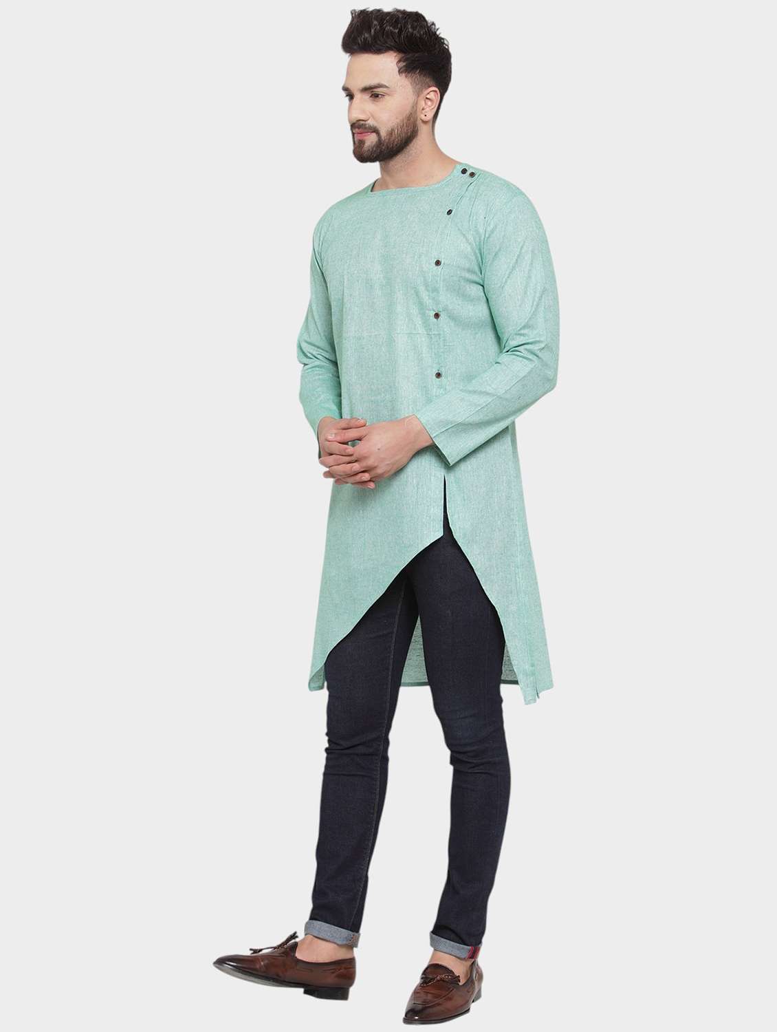 men solid long sleeve asymmetric kurta - 22182591 -  Standard Image - 3