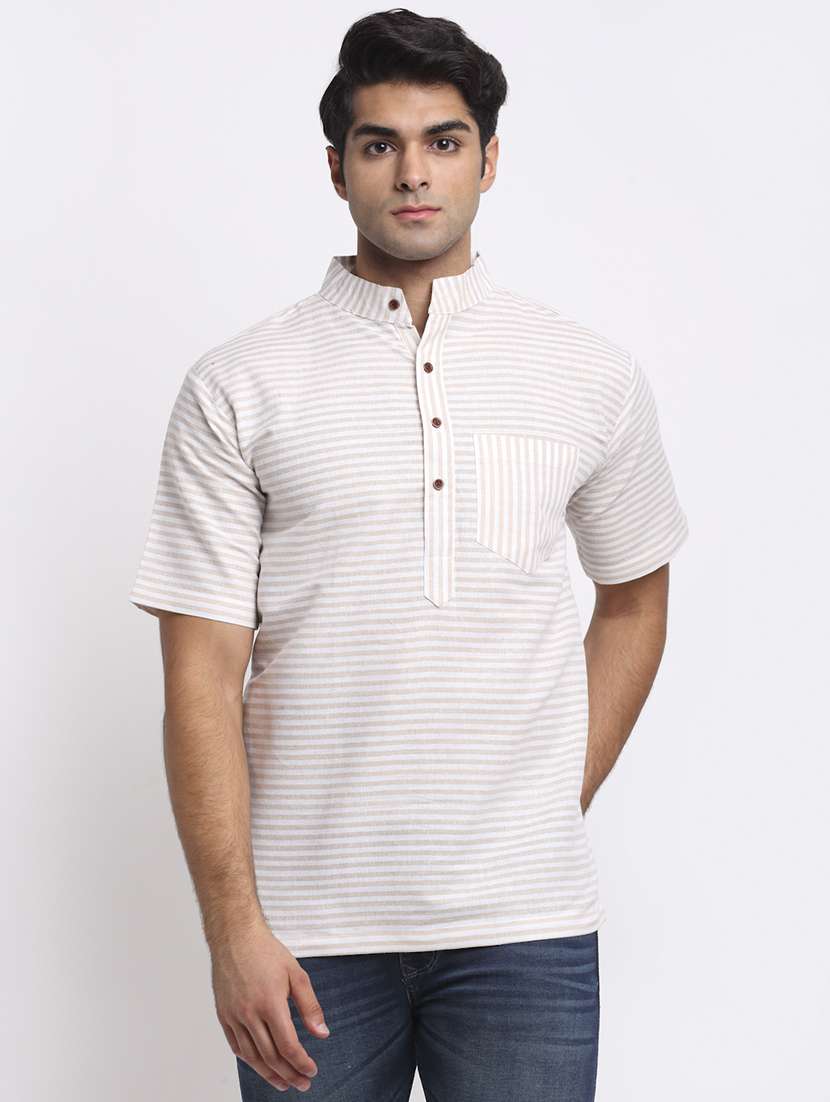 men striped mandarin neck short kurta