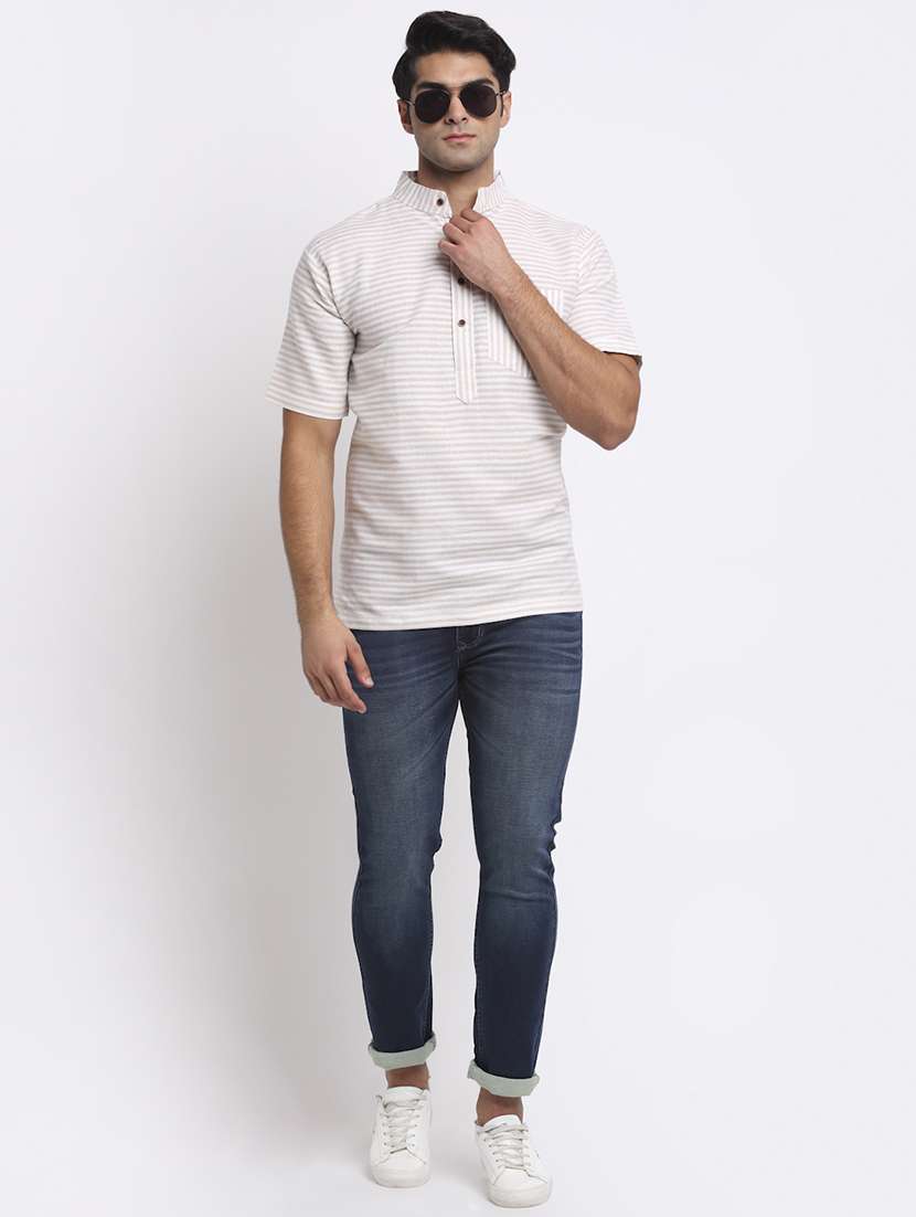 men striped mandarin neck short kurta - 22182593 -  Standard Image - 3