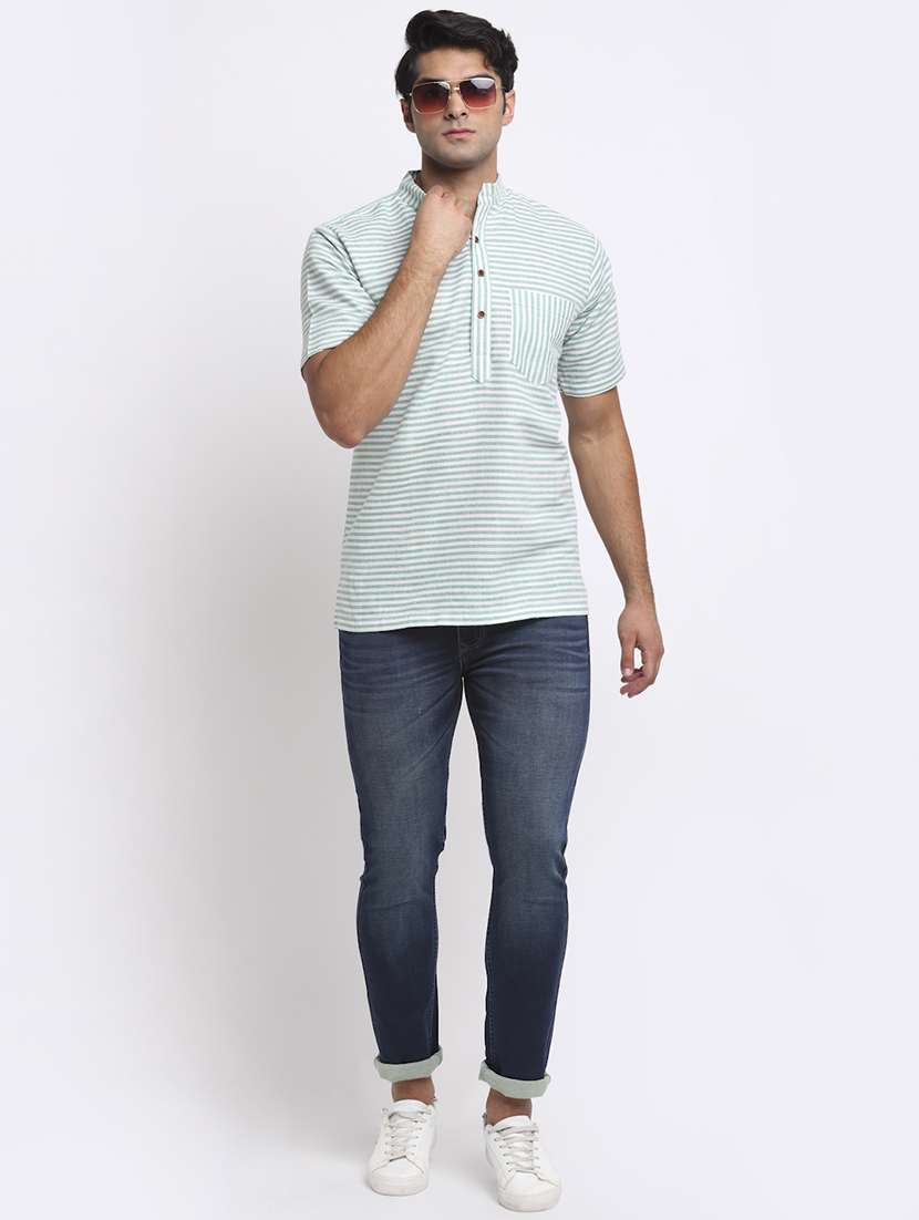 men striped mandarin neck short kurta - 22182595 -  Standard Image - 3