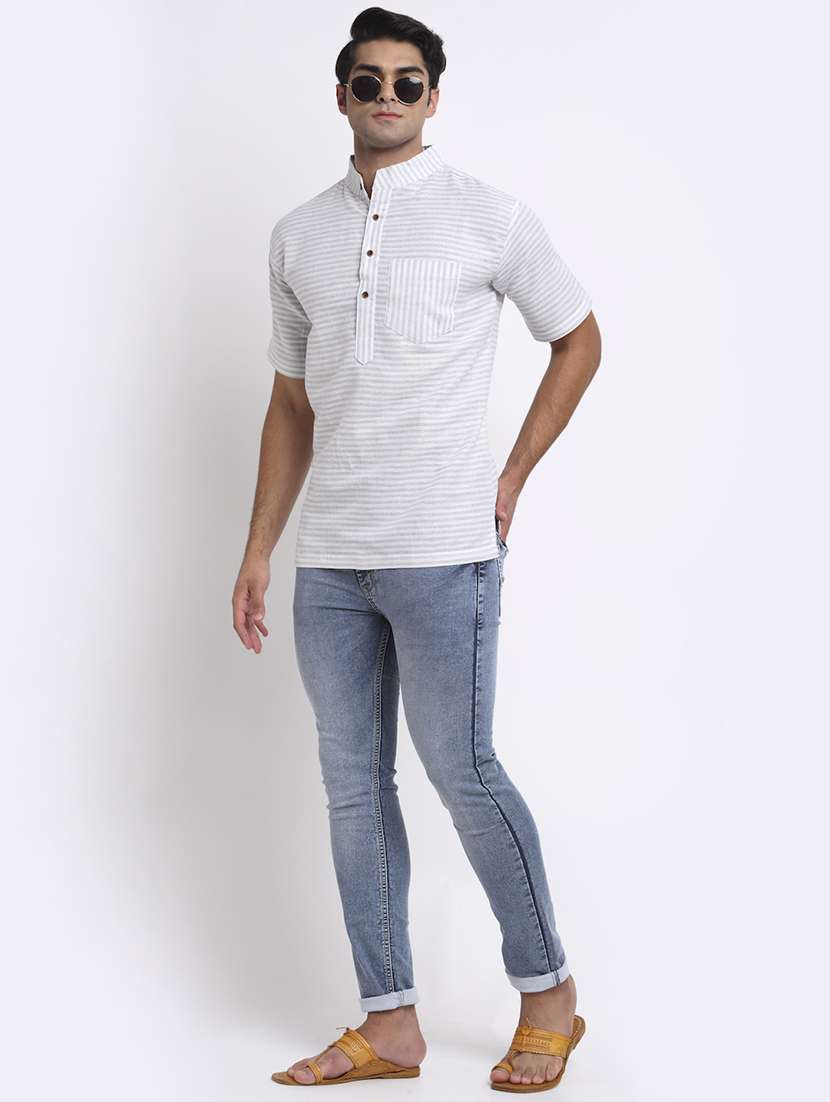 men striped mandarin neck short kurta - 22182597 -  Standard Image - 3