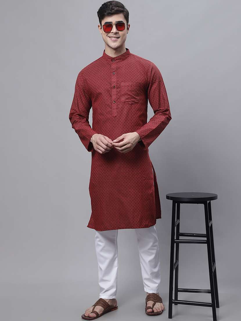 men self design mandarin neck long kurta