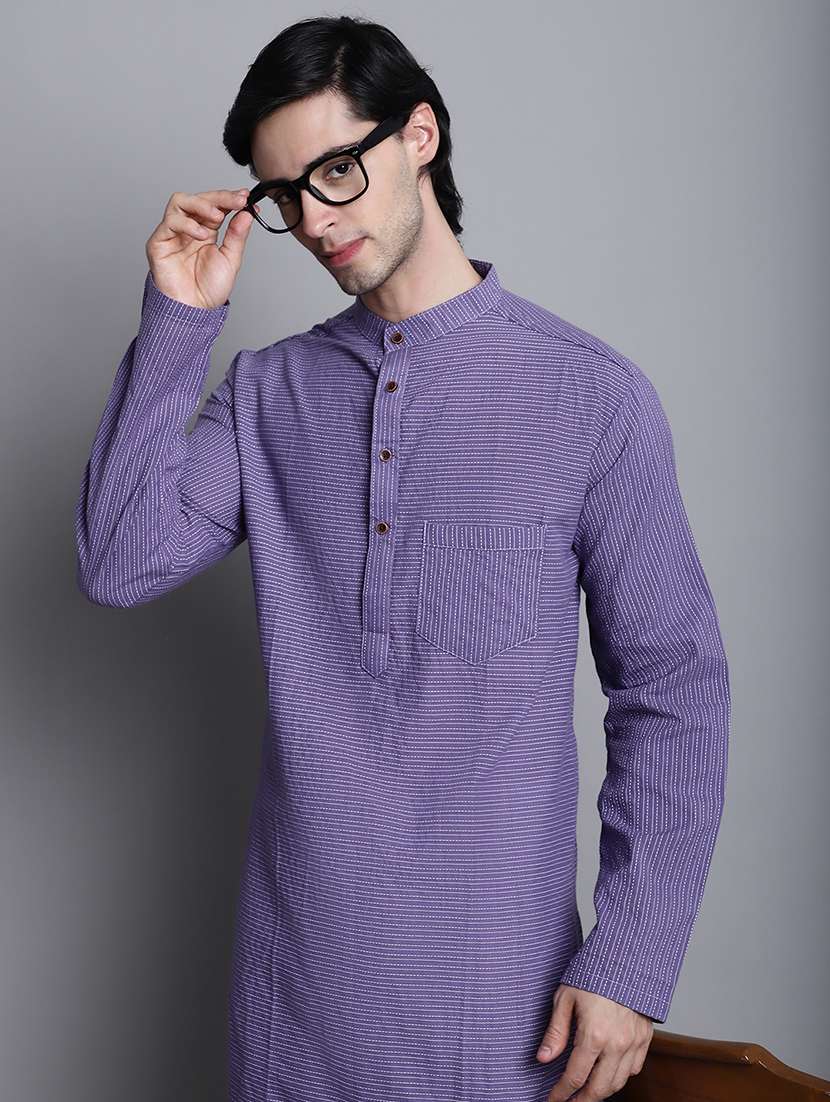 men striped mandarin neck long kurta - 22182612 -  Standard Image - 5
