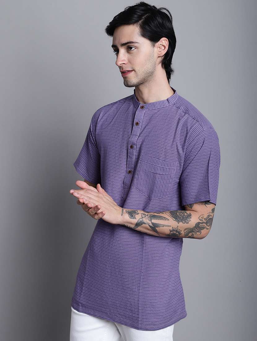men striped mandarin neck short kurta - 22182613 -  Standard Image - 3