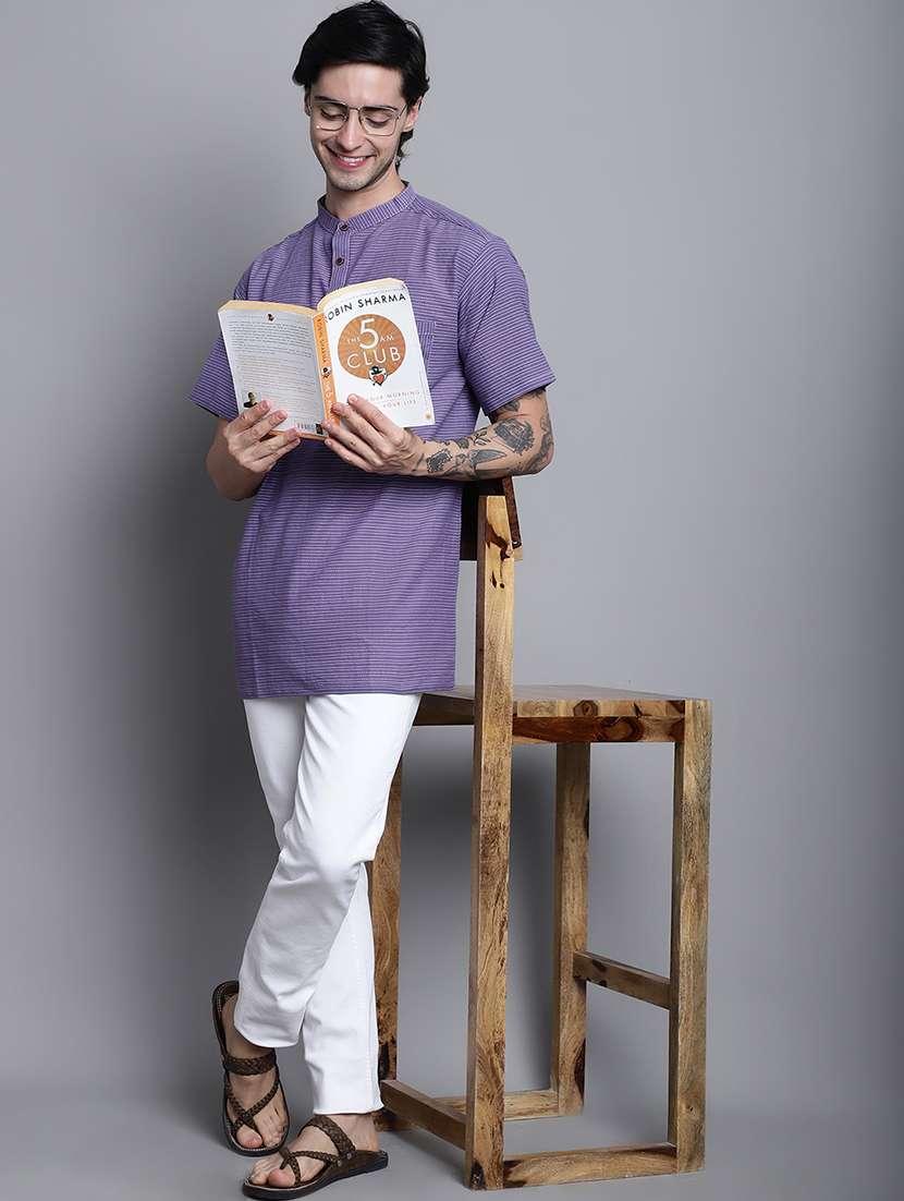 men striped mandarin neck short kurta - 22182613 -  Standard Image - 5