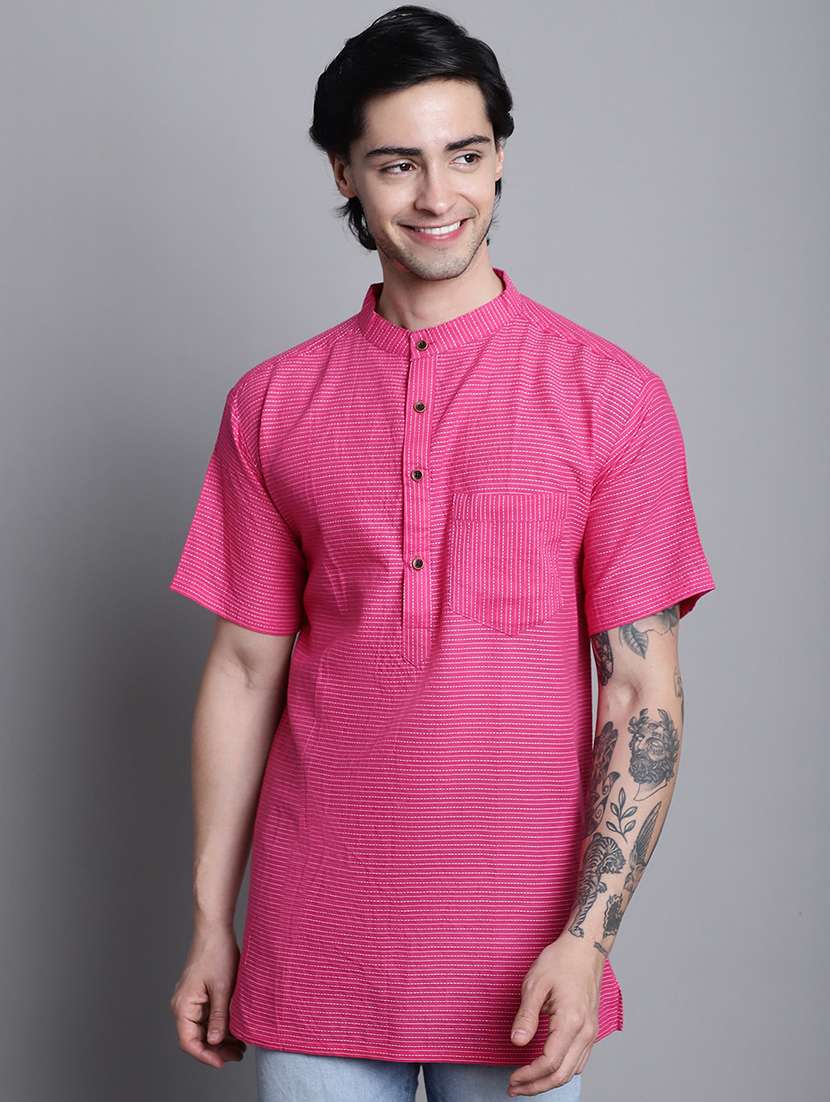 men striped mandarin neck short kurta - 22182615 -  Standard Image - 3