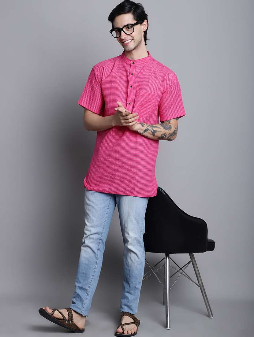 men striped mandarin neck short kurta - 22182615 -  Standard Image - 5