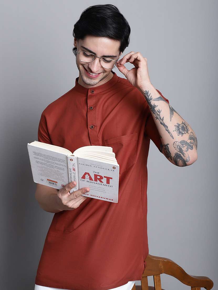 men solid mandarin neck short kurta