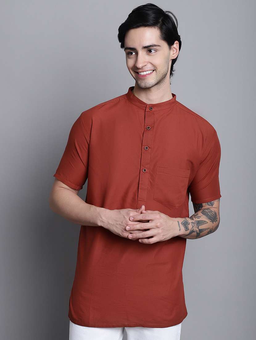 men solid mandarin neck short kurta - 22182619 -  Standard Image - 3