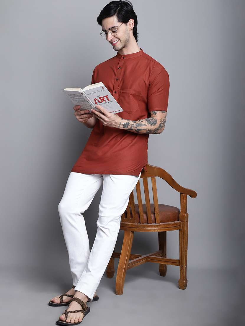 men solid mandarin neck short kurta - 22182619 -  Standard Image - 5
