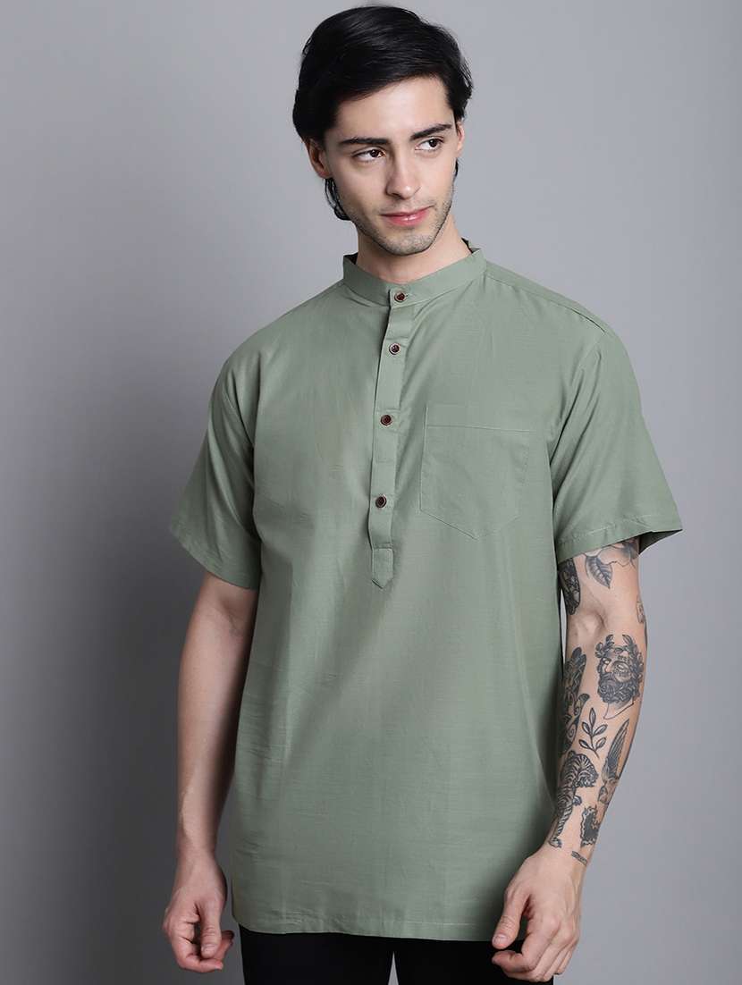men solid mandarin neck short kurta - 22182621 -  Standard Image - 3