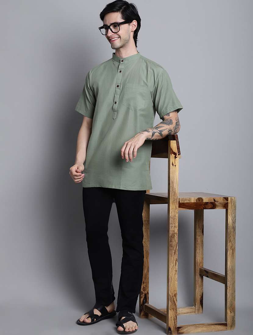 men solid mandarin neck short kurta - 22182621 -  Standard Image - 5