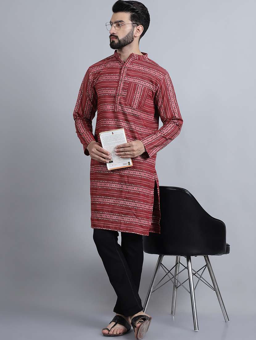 men self design mandarin neck long kurta
